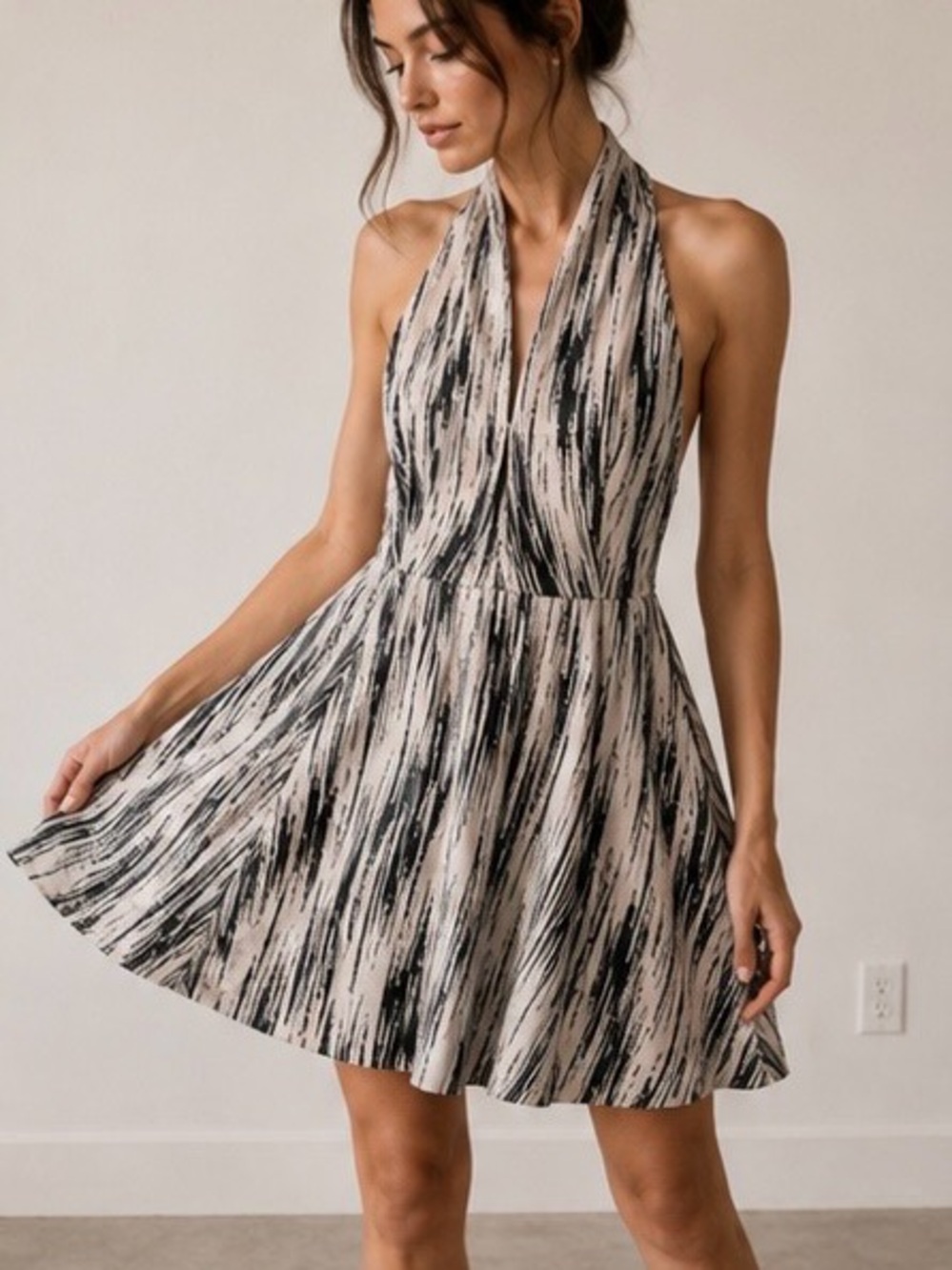 KENZO Paris Made in France Black Ivory Halter Silk Dress Size 34